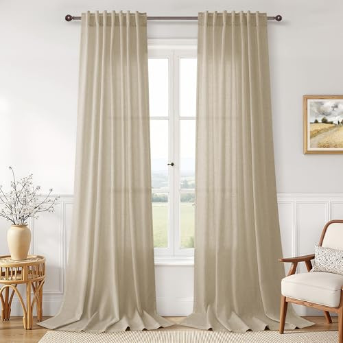 JOYWELL EXTRA LONG LINEN CURTAINS 120 INCHES FOR LIVING ROOM - EGGSHELL BEIGE