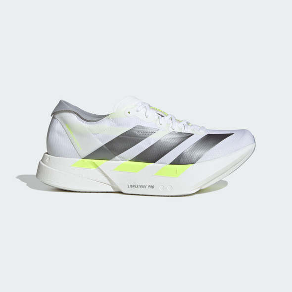ADIDAS ADIZERO ADIOS PRO 4 SIZE: 9 - CLOUD WHITE / IRON METALLIC / SOLAR YELLOW New