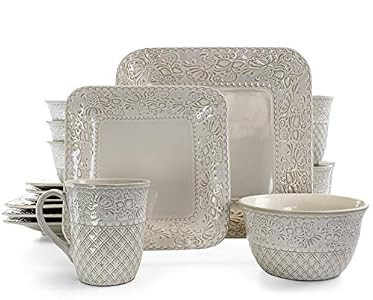 Elama Lotus 16 Piece Square Stoneware Dinnerware Set - Ivory New