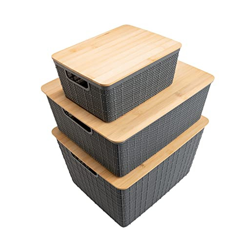 OIKOS | Storage Organizer Box Set Bamboo Lid | 3 Pieces, 1149 OZ, Grey New