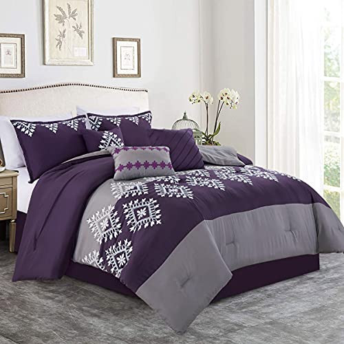 MERRY HOME Bed in A Bag King Size Comforter Set(400GSM) 7PC-4 Season,Purple&Gray New