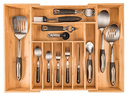 More Compartments, Bamboo Utensil Drawer Organizer Silverware Tray & Cutlery New