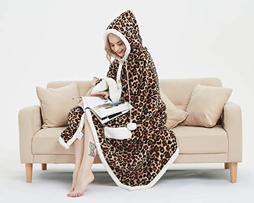 MARQUESS HOODED THROW WRAP ULTRA SOFT LINED SNUGGLE ROBE - BLACK/LEOPARD
