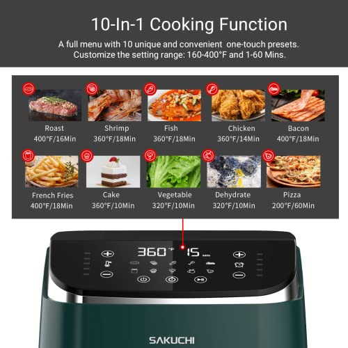 Sakuchi Air Fryer 5.8 Quart with 10 Preset Programs LED Touch Screen - Green New
