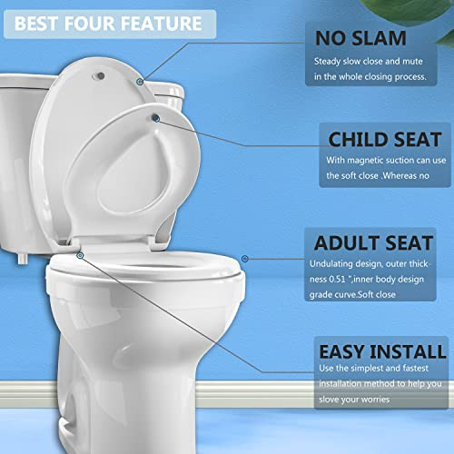 JINGZE ADULT/CHILD ELONGATED TOILET SEAT BUILT-IN POTTY TRAINING MAGNETIC WHITE New