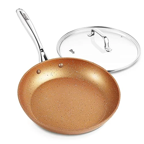 HLAFRG 10 INCH FRYING PAN WITH LID MARBLE SKILLET STONE-DERIVED COATING - COPPER