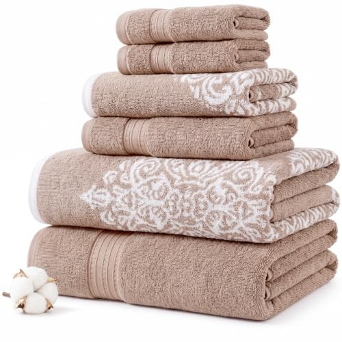 Modern Threads 6-Piece 100% Cotton Damask Medallion Towel Set, Taupe New