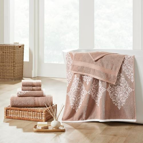 Modern Threads 6-Piece 100% Cotton Damask Medallion Towel Set, Taupe New