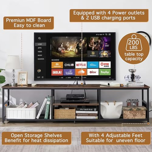 VECELO TV Stand Power Outlets Televisions 3-Tier Open Metal Frame - Brown