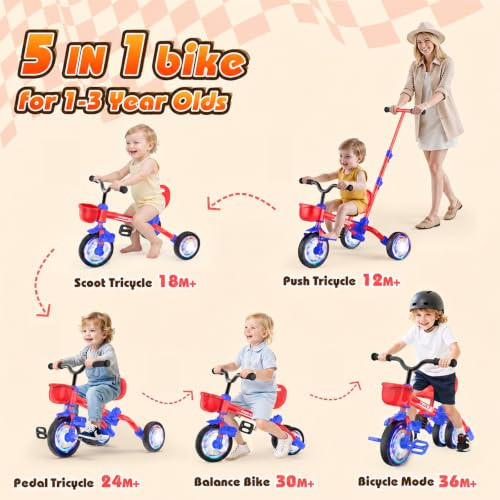 Kkdi 5 in 1 Toddler Bike for 1-3 Year Old, Tricycle with Push Handle