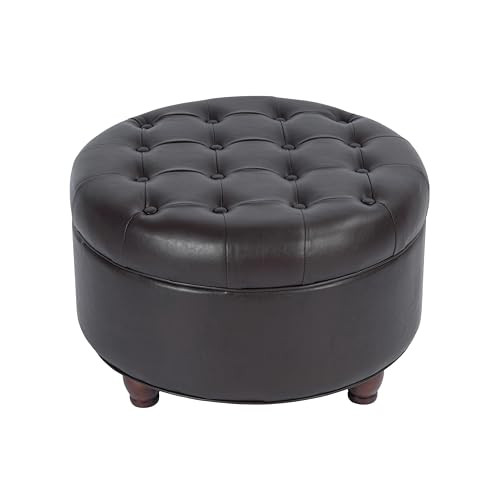 HomePop 25" Button Tufted Round Storage Ottoman - Brown Faux Leather New