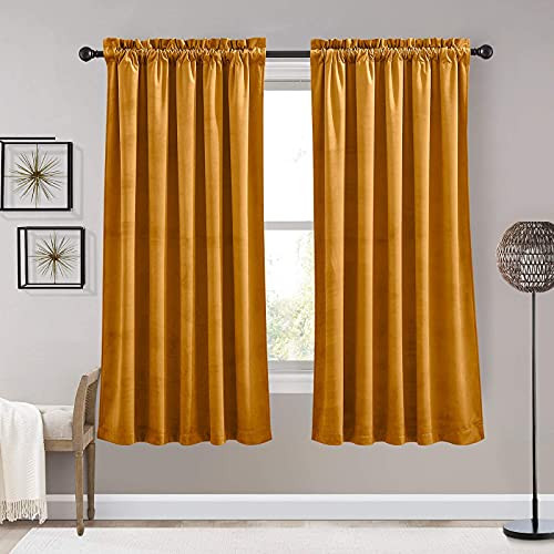 RYB HOME Gold Velvet Curtains Wide 52" Long 63" Marigold 2 Panels - B08THBQ9NF New
