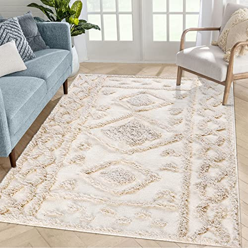Boho Area Rug 5'x7' Tufted Living Room Rug Large Cotton Farmhouse Rug B0CHJHHMGF New