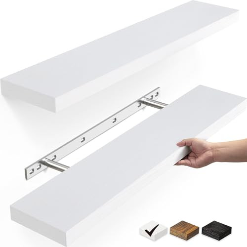 BAYKA Floating Shelves, 22.5" Wall Mounted Rustic Wood Shelves (White, Set of 2) New