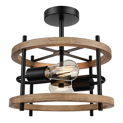 2-Light Semi Flush Mount Ceiling Light Fixture Rustic Washed Wood - Black New
