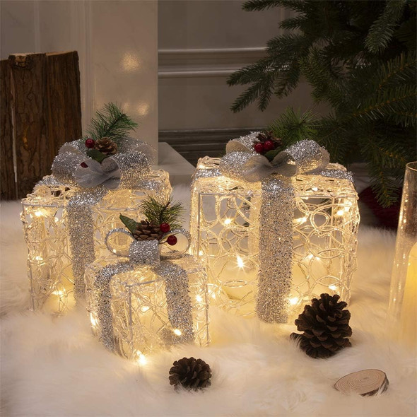 EAMBRITE 3PK LIGHT UP PRESENT BOXES SILVER GIFT BOXES,WARM WHITE LIGHTS - SILVER