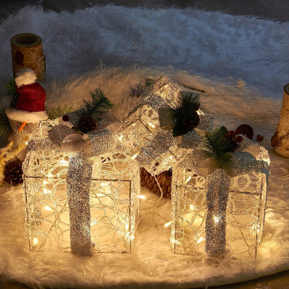 EAMBRITE 3PK LIGHT UP PRESENT BOXES SILVER GIFT BOXES,WARM WHITE LIGHTS - SILVER