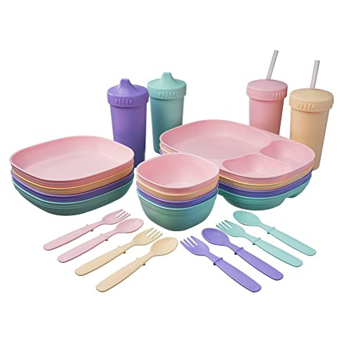MightyMoe Kid’s Dinnerware 28 Pieces 4 Place Settings Pastel Color Set New