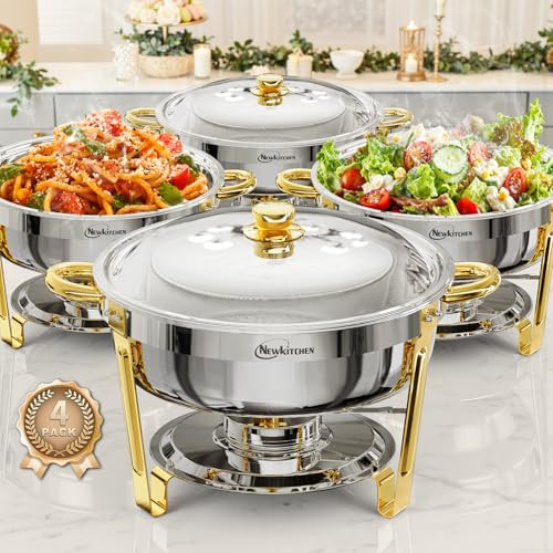 KITCHEN CHAFING DISHES 4 PACK 6QT ROUND CHAFING DISHES FOR BUFFET - SILVER/GOLD