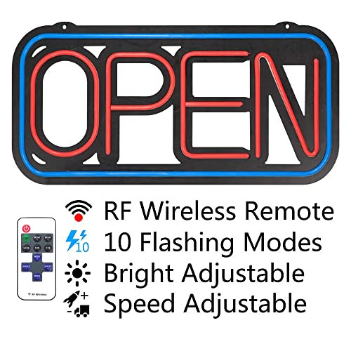 LED Neon Open Sign for Business 24x12In Large Size Blue Frame Red Letters