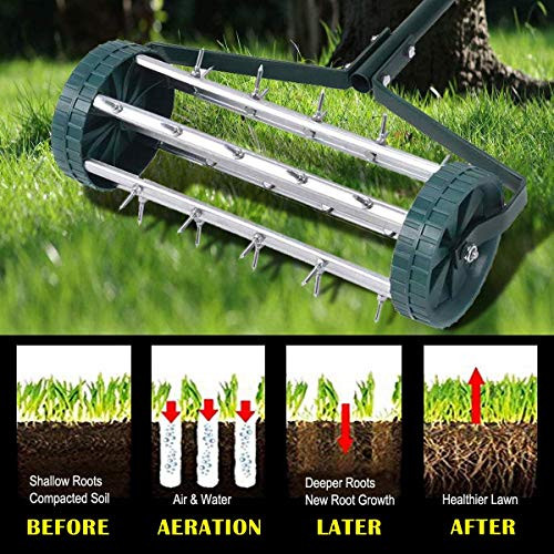 GOPLUS ROLLING LAWN AERATOR 18" GARDEN YARD ROTARY PUSH TINE SPIKE SOIL - GREEN