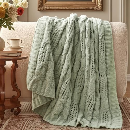 AHJF022300565 AMELIE HOME CABLE KNIT CHENILLE THROW BLANKET 50x60 SAGE GREEN New