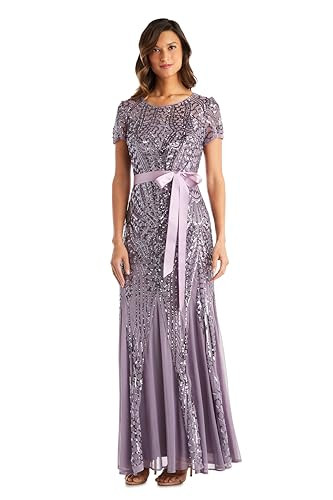 R&M Richards Women's Sequin Power Mesh Godet Dress with Short Sleeves New