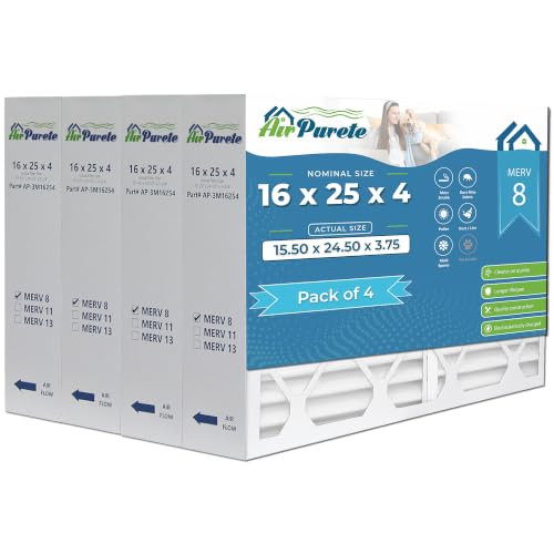 AirPurete 16x25x4 MERV 8 Air Filter, 4-Pack, Actual Size (15.50 x 24.50 x 3.75) New