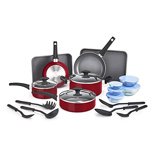 BELLA Nonstick Cookware Set Glass Lids Aluminum Bakeware Pots Pans 21 Piece Red New