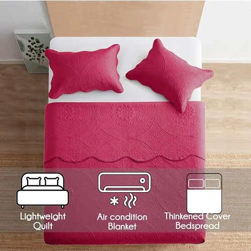 Quilts Queen Size Bedspread Coverlet Floral Quilt Set - Hot Pink, 90"x96" New