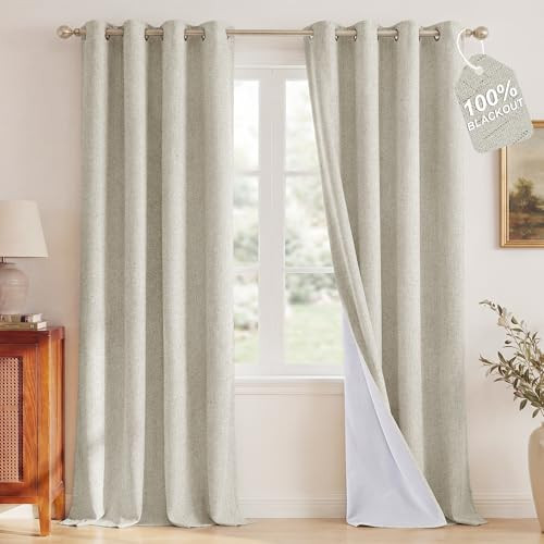 NICETOWN 100% BLACKOUT IVORY LINEN CURTAINS FOR BEDROOM WHITE LINER - IVORY