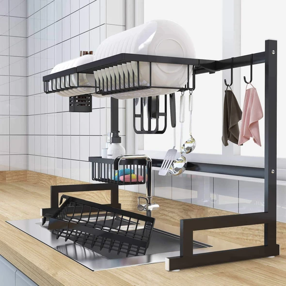 AURAMOR OVER SINK DISH DRYING RACK, 7 INTERCHANGEABLE RACKS AND CADDIES - BLACK