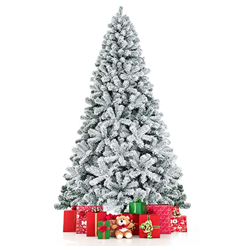 COSTWAY 7.5 FT Snow Flocked Christmas Tree, Artificial Hinged Pine Tree White New