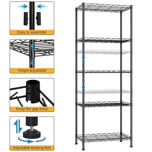 HOME BI 5-Tier Wire Shelving Unit 5 Layers Tall Storage B08QZBQSWW - Black
