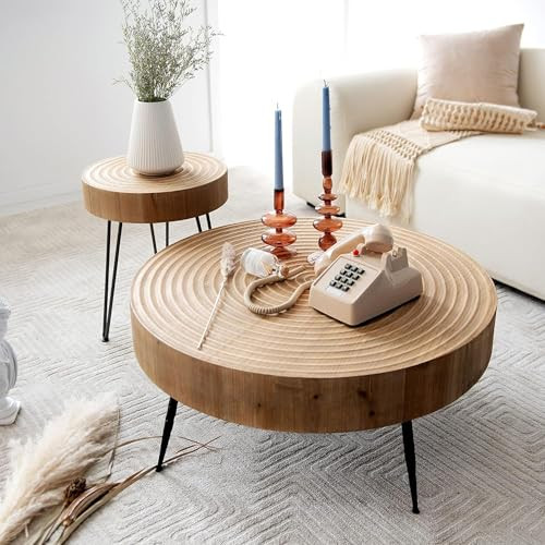 COZAYH 2 Piece Round Nesting Coffee Table Natural Wood Top, Black Legs New