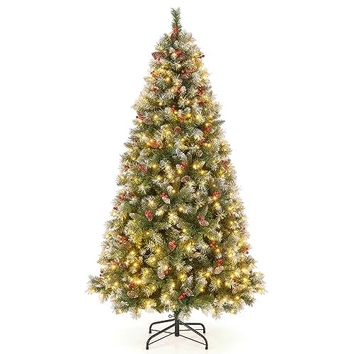 Goplus 6.5ft Pre-Lit Christmas Tree, Hinged Xmas Tree 420 LEDs Ribbons- Green New