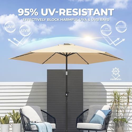 FRUITEAM Solar LED Outdoor Market Umbrella with LED Lights Tilt Crank - Beige New