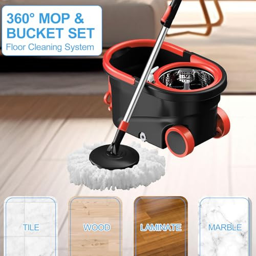 Spin Mop and Bucket with Wringer Set, 360° Rotating Head Mop Bucket System New