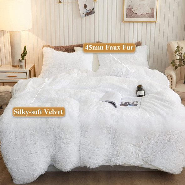 CHOSHOME LUXURY PLUSH SHAGGY FAUX FUR DUVET COVER - WHITE