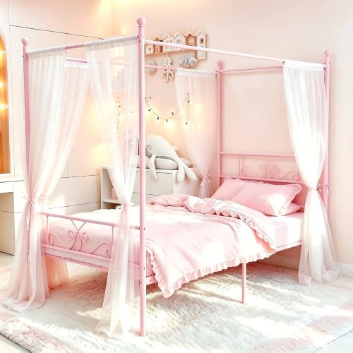 Weehom Twin Canopy Bed Frame with Headboard, Metal Twin Beds for Kids - Pink