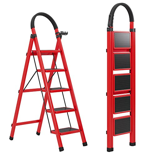 JOISCOPE 5 Step Ladder, Folding Step Stool with Widening and Thicken Pedals Red