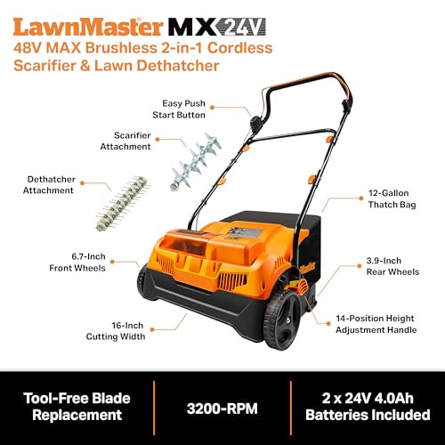 LAWNMASTER 48V MAX 16-IN BRUSHLESS DETHATCHER SCARIFIER CLGVB4816 - ORANGE/BLACK