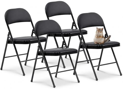 Oline Vinyl Folding Chairs, Padded Vinyl Cushion Metal Frame, 2 Pack - Black