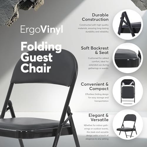 Oline Vinyl Folding Chairs, Padded Vinyl Cushion Metal Frame, 2 Pack - Black