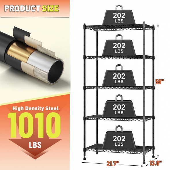 REIBII 5-TIER ADJUSTABLE WIRE SHELVING UNIT, 21.5″ WIDE STORAGE RACK - BLACK