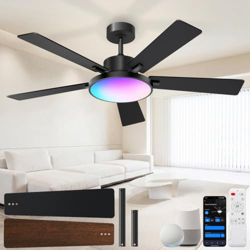 SMAVISTA RGBCW SMART 52" 2600LM LED CEILING FAN LIGHT REMOTE BLACK WALNUT