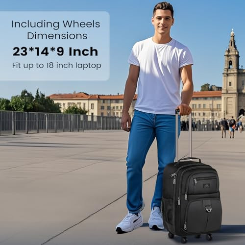 MATEIN ROLLER BACKPACK, 18 INCH TRAVEL LAPTOP BAG, 4 WHEELS - BLACK New