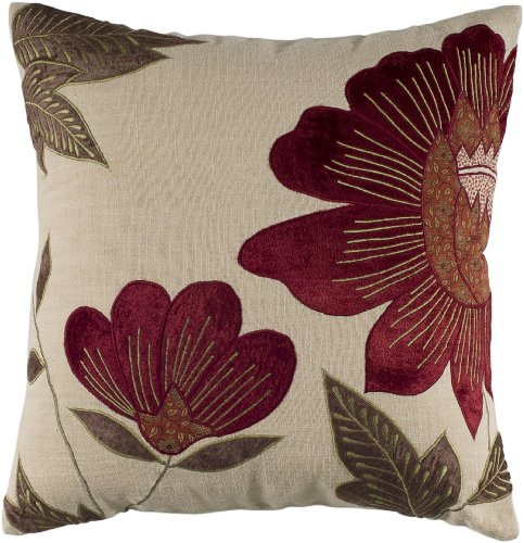 Rizzy Home | Poly Fill Decorative Pillow | 18"x18" Red/Neutral/Green Floral New