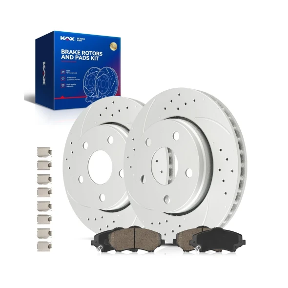 KAX FRONT BRAKE KIT, DRILLED AND SLOTTED BRAKE ROTORS, CERAMIC BRAKE PADS New