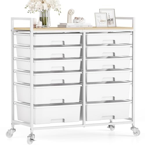 TOOLF 12 Drawers Rolling Storage Cart with Wooden Top for Classroom - White New